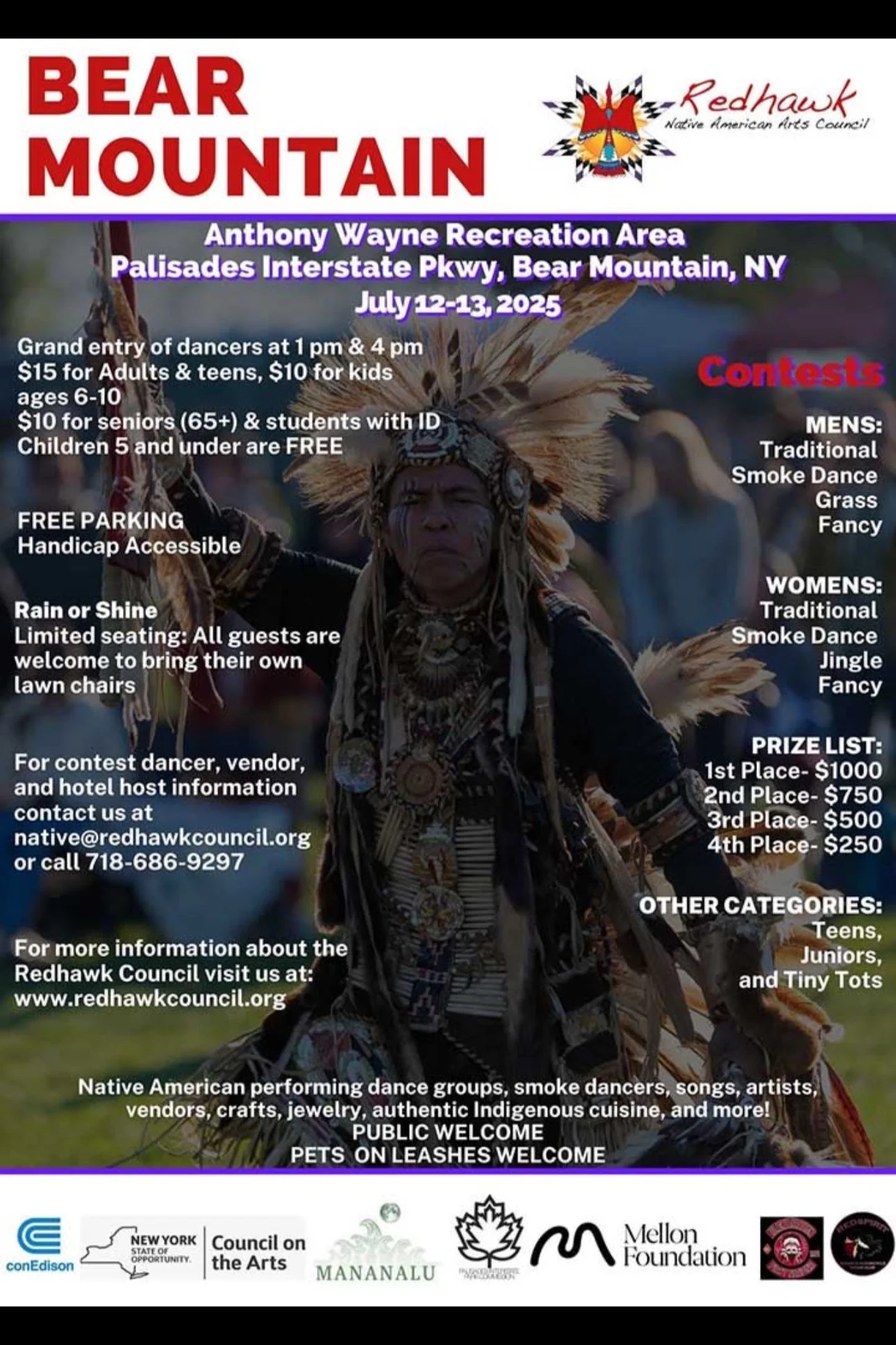 Flyer for the Bear Mountain Pow Wow event at Anthony Wayne Recreation Area near Bear Mountain, NY, on July 12-13, 2025. Features a Native American dancer in traditional attire. Includes event details, contest categories, prize list, and contact information.