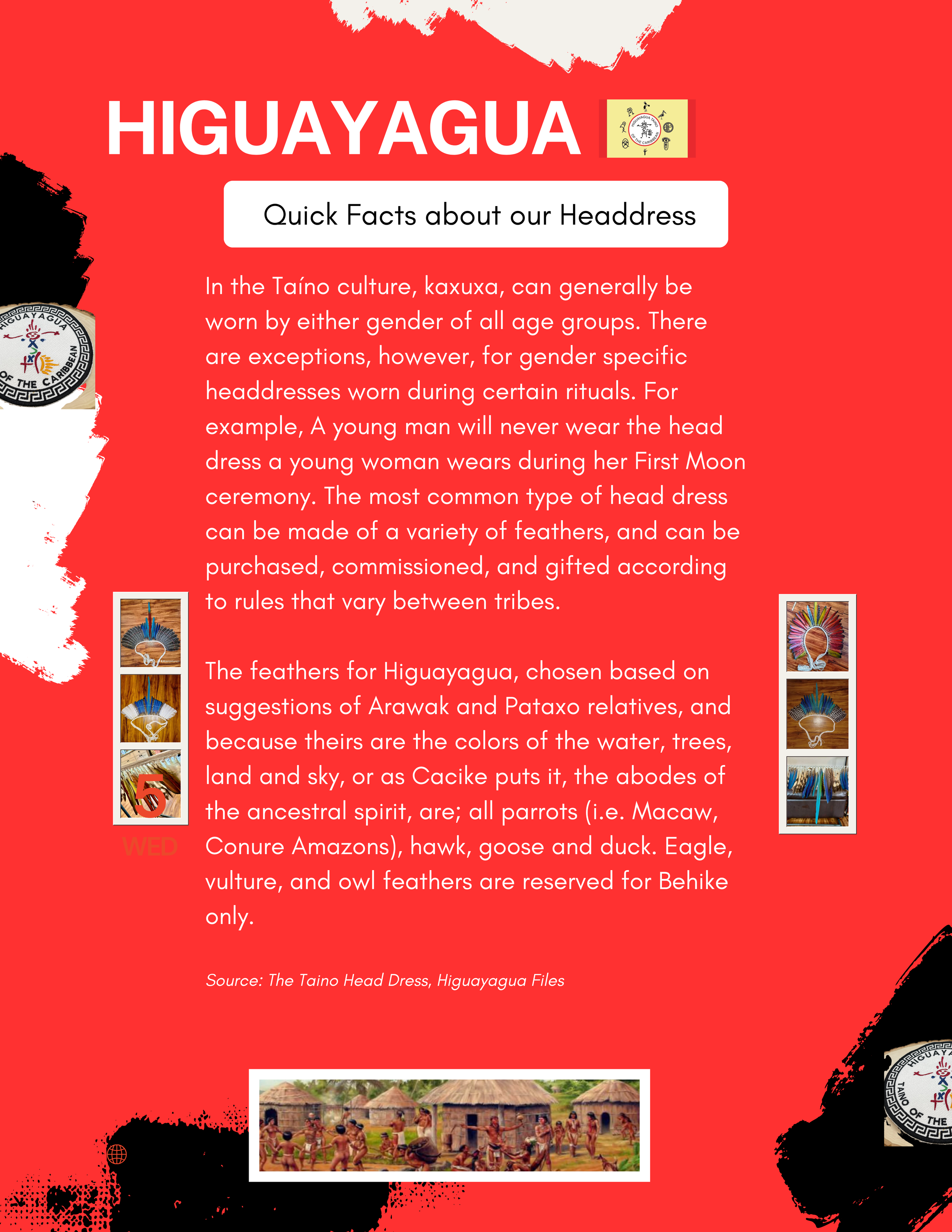 A red informational poster titled "HIGUAYAGUA" with photos of traditional feather headdresses and a village scene at the bottom, discussing the significance of head dresses in Taíno culture.