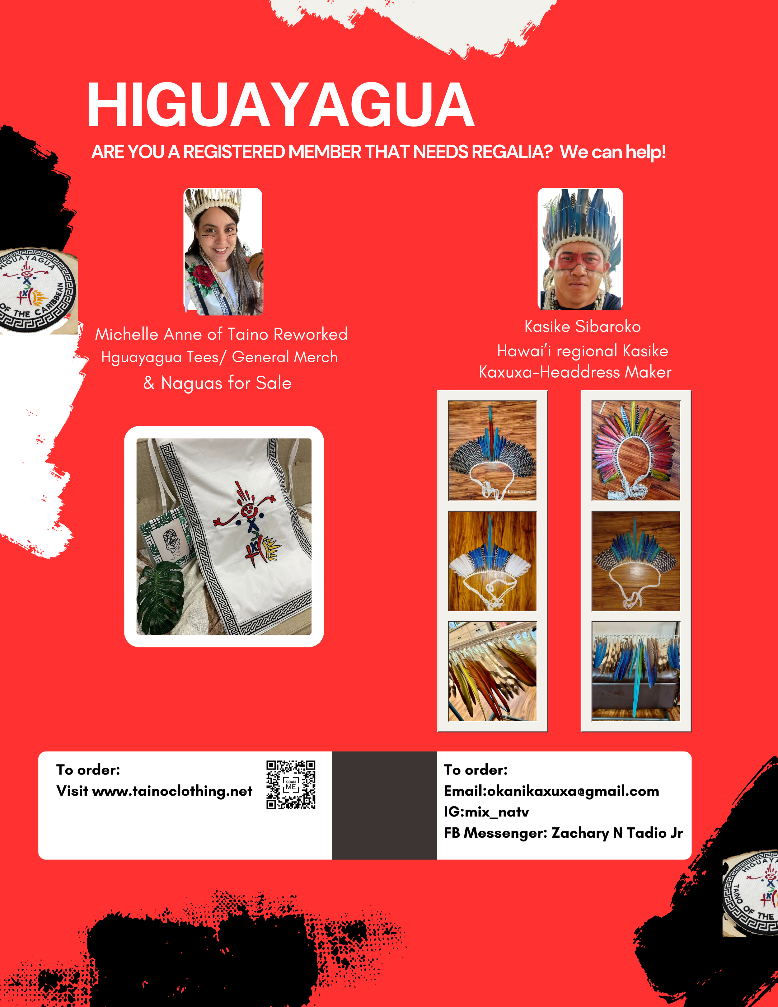 Promotional flyer for Higuyagua, featuring photos of two individuals in traditional attire, images of handcrafted jewelry and necklaces, and contact information for ordering. The background is red with black and white accents.