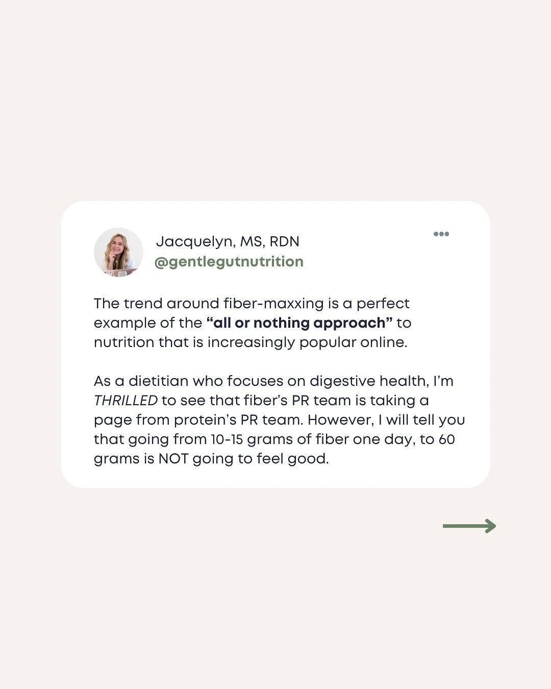 Some quick thoughts on the fiber-maxing trend &amp; what it tells us about our current social media landscape 🫶

I would love to hear your thoughts about this trend below! 👇 

#dietitiansofinstagram #guthealthtips #ibsdietitian #fibermax #highfiber