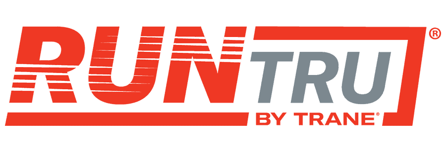Logo for RUNTRU by Trane, featuring the words "RUN" in red with stripes and "TRU" in gray, with a red border and the phrase "BY TRANE" beneath.