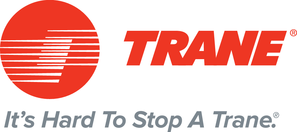 The Trane logo featuring a red sun with horizontal stripes, the word 'TRANE' in bold red letters, and the tagline 'It's Hard To Stop A Trane' in gray.