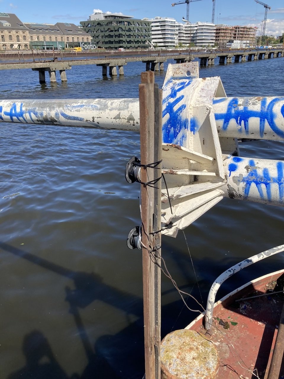 Two speakers mounted on the bow of the ship to create a spatial sound piece for Kayakers around the ship