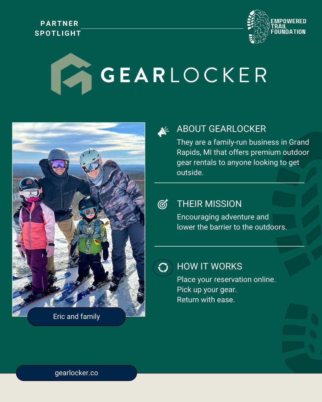 🔦 Partner Spotlight 🌟
GEARLOCKER

Meet Eric, the outdoor enthusiast behind GearLocker, a family-run gear rental company based in Grand Rapids, MI! As a husband, dad of two adventurous kiddos (6 &amp; 3), and an all-around outdoorsman&mdash;backpack