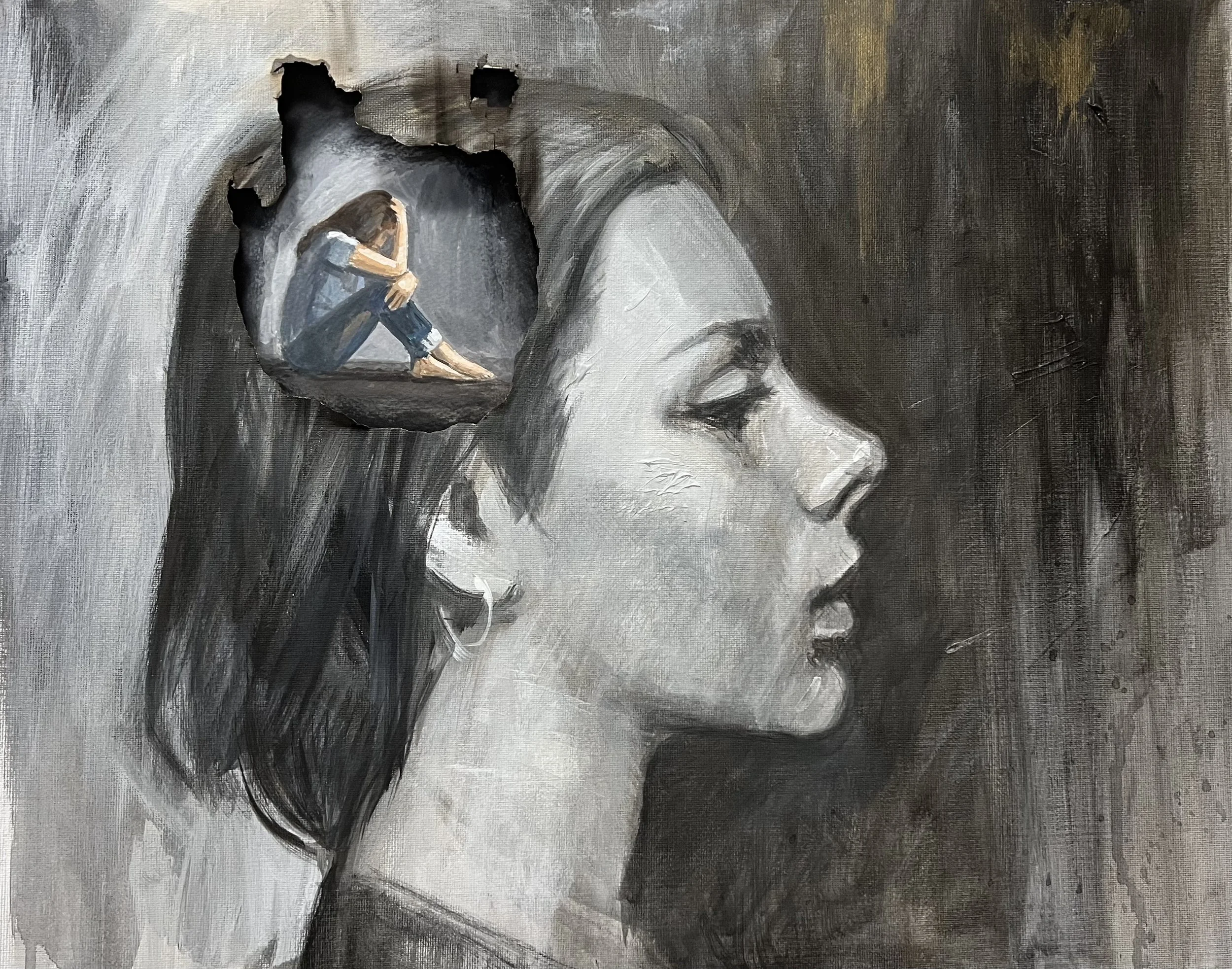 “Burning Thoughts” Acrylic and watercolour on canvas and paper