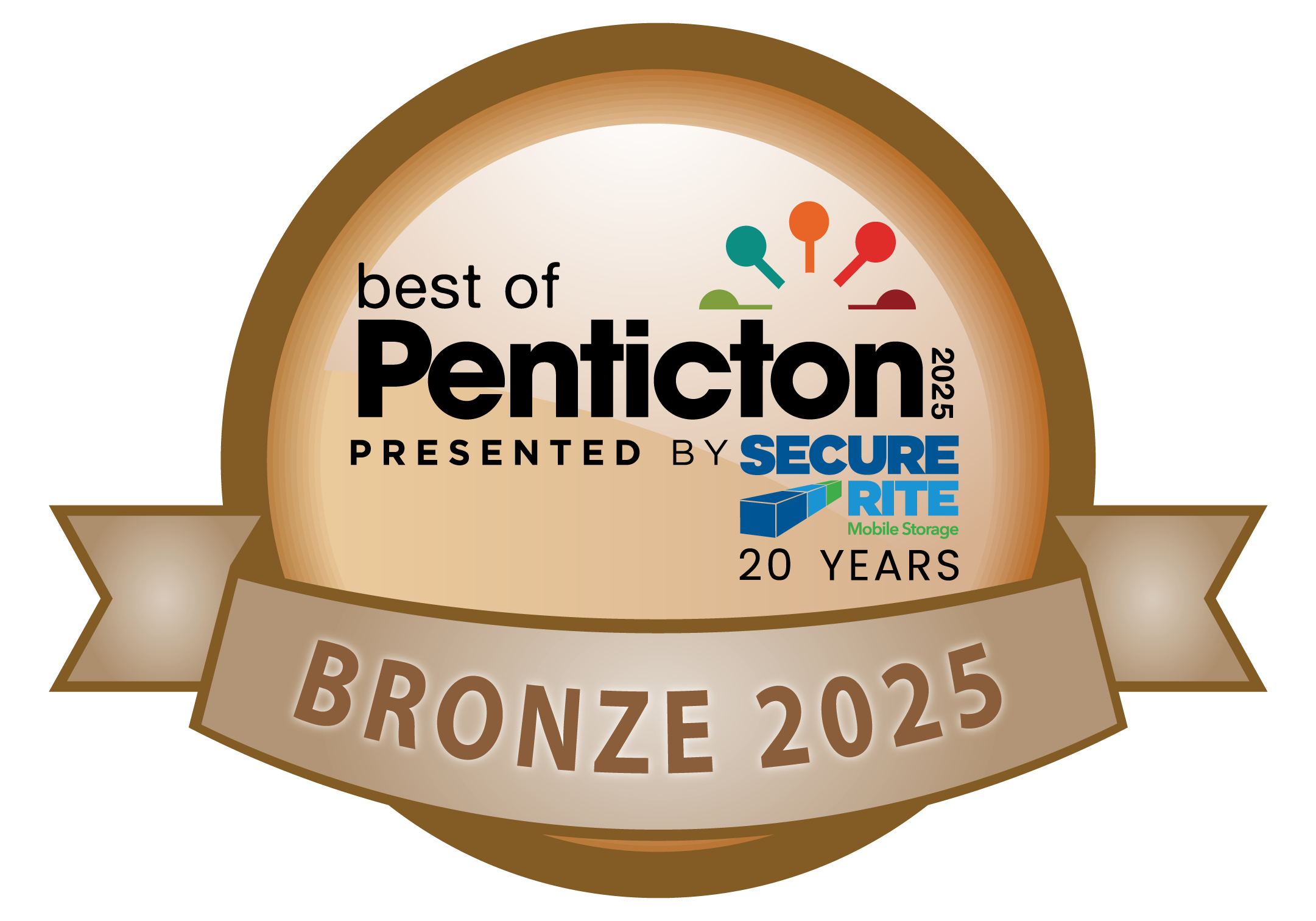 Gold medal with text 'best of Pentiction 2025 presented by Secure Rite Mobile Storage 20 years' and a decorative ribbon.