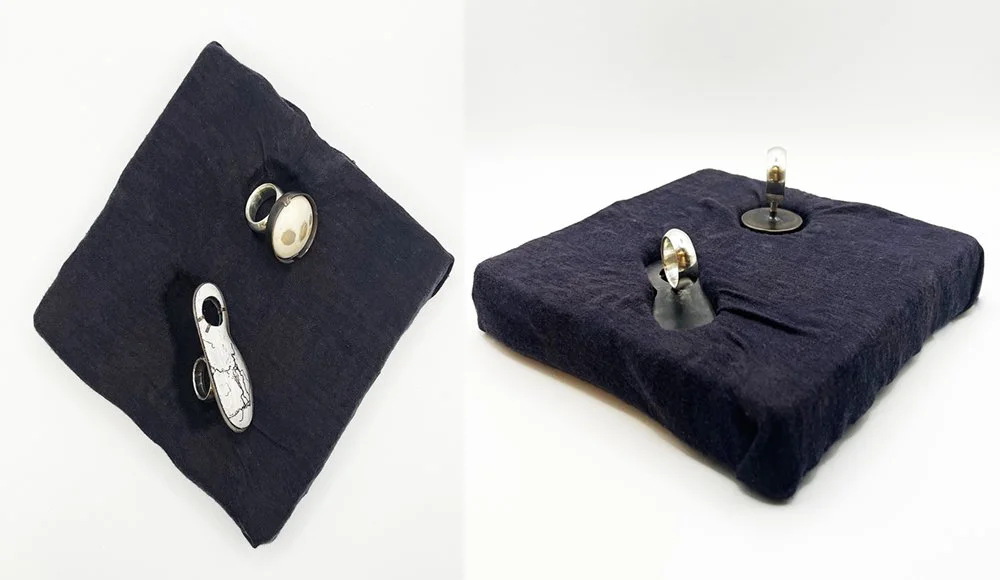 Taking Up Space. Sterling silver, copper, enamel, foam, fiber, hair. 
25 x 15 x 5mm, size 8.