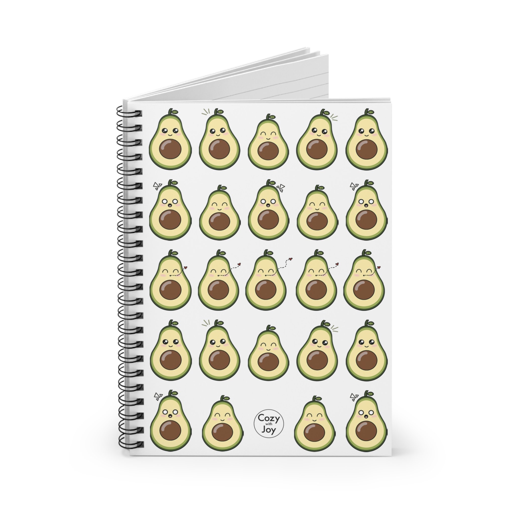 Open spiral notebook with a kawaii avocado design on the cover, featuring an adorable avocado blowing a kiss.