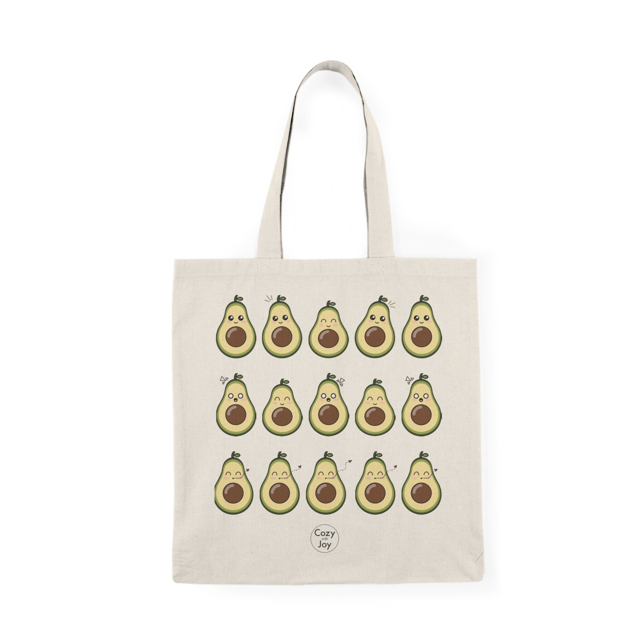Natural canvas tote bag featuring a playful kawaii avocado design on the front. Perfect for groceries, books, or everyday essentials
