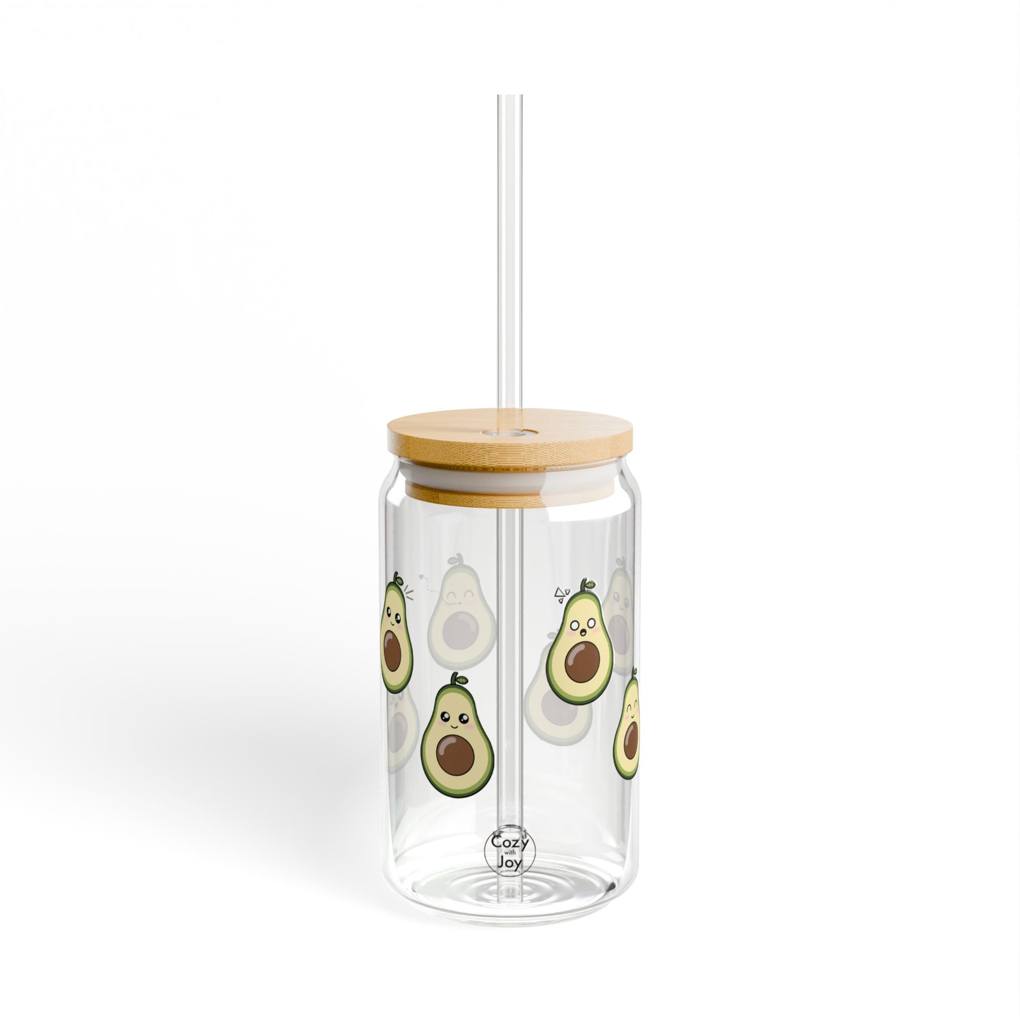 Kawaii avocado glass tumbler with a bamboo lid and straw, featuring a cute avocado blowing a kiss.