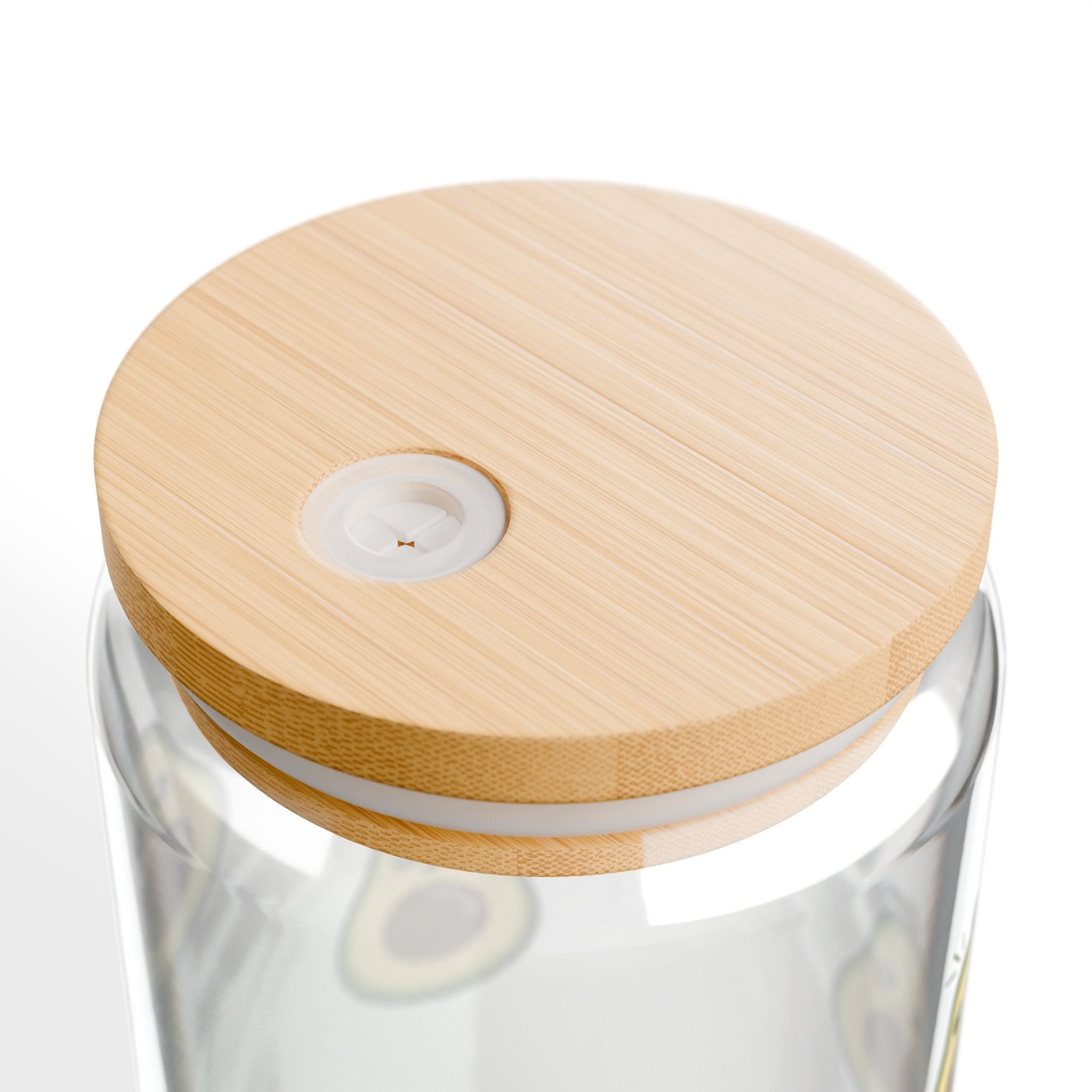 Kawaii avocado glass tumbler with a bamboo lid and straw, featuring a cute avocado blowing a kiss.