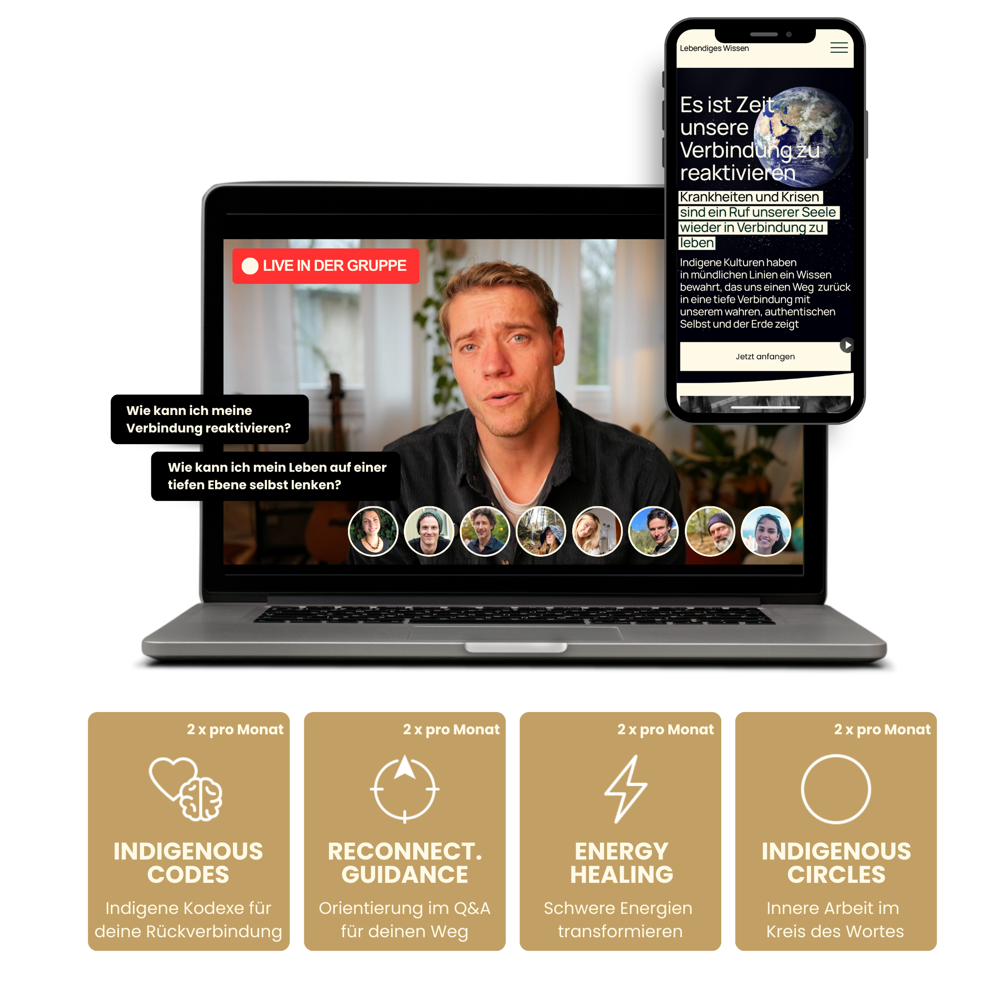 Screenshot eines Online-Coaching-Programms zur Verbindung mit indigenem Wissen. Zeigt eine Person in einem Video-Call, umgeben von Profilbildern von weiteren Teilnehmern. Es gibt Textfelder mit Fragen zur Reaktivierung der Verbindung und zum Leben auf einer tiefen Ebene. Unten befinden sich vier Programmangebote: "Indigenous Codes", "Reconnect Guidance", "Energy Healing" und "Indigenous Circles".