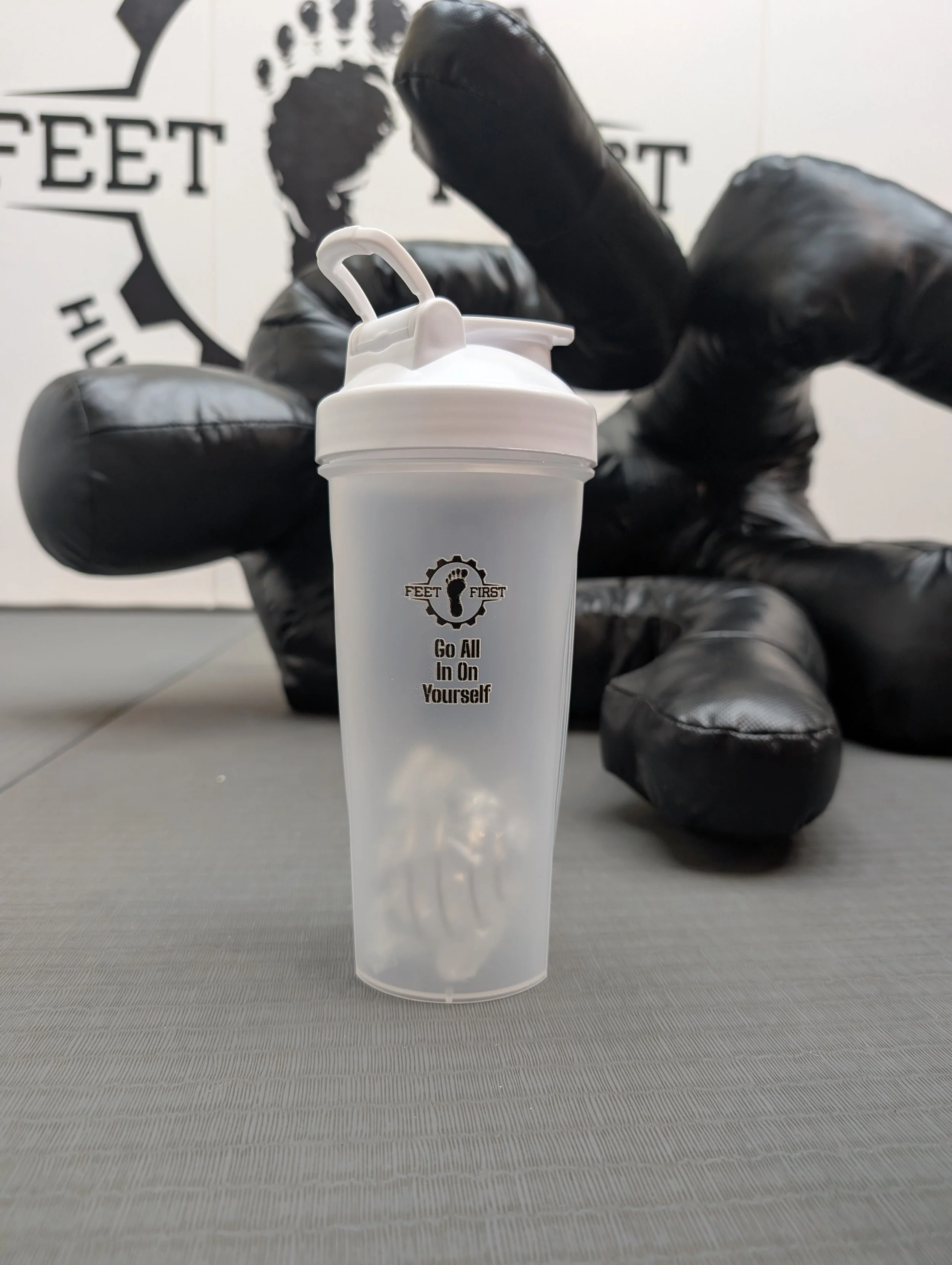 Protein Shaker — "Feet First" Logo Bottle