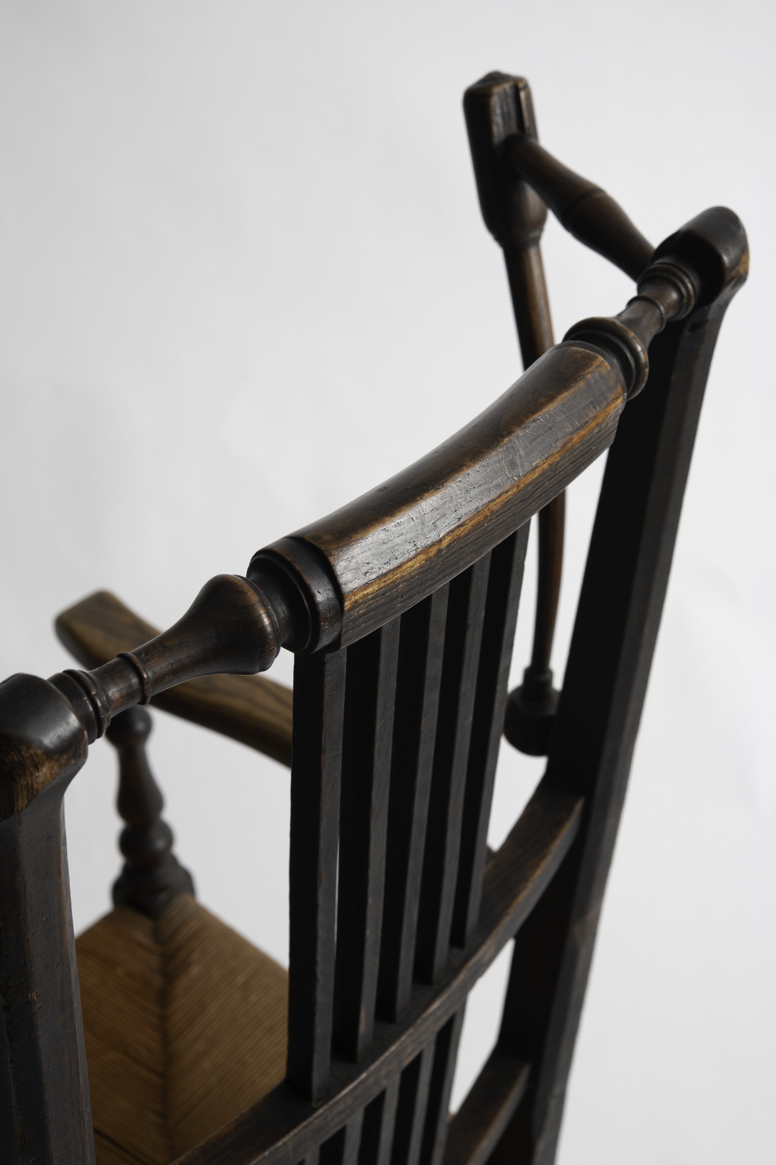 English Arts & Crafts Oak Armchair Crest Rail and Back Splats