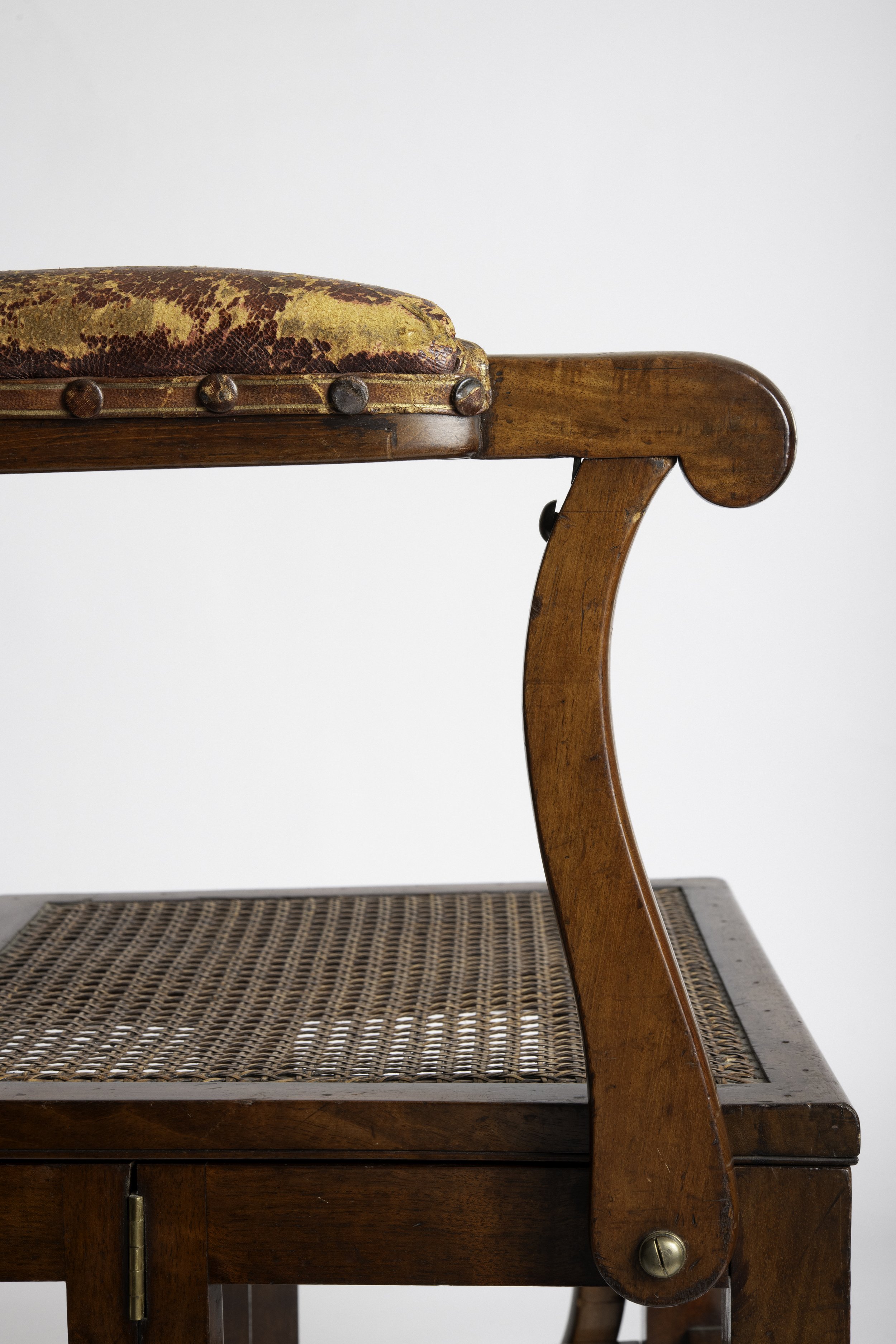 Original Moroccan leather arm pad and curved mahogany arm support