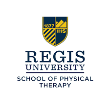 Logo of Regis University School of Physical Therapy featuring a shield with the year 1877 and the initials IHS.