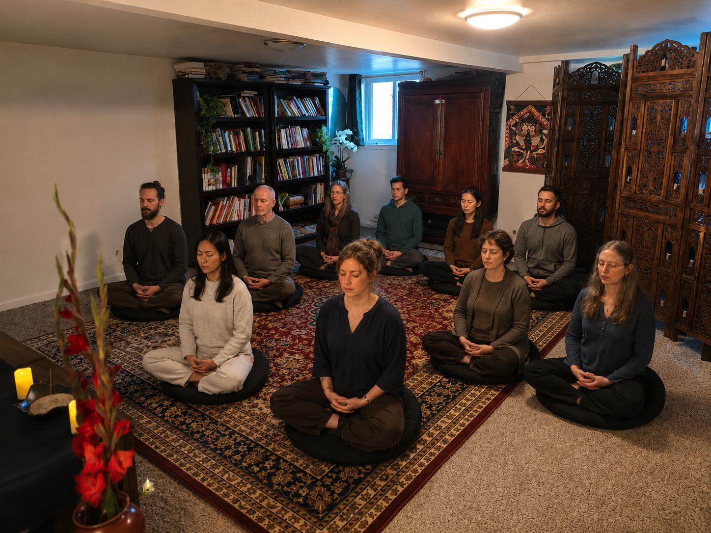 People meditating in a furnished basement room with a beautiful rug