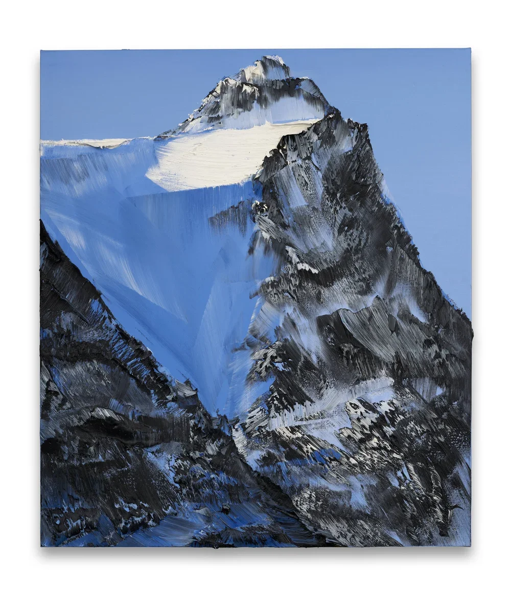 Abstract painting of a snow-covered mountain peak with blue sky background, using bold brushstrokes of black, white, and blue.