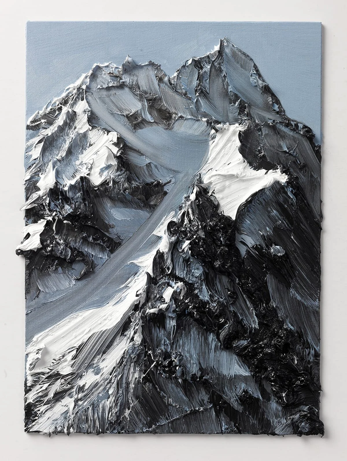 Abstract oil painting of a mountain landscape in monochrome, with textured black, white, and gray strokes depicting mountain peaks and sky.
