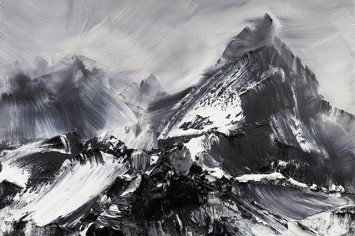 Black and white abstract mountain landscape painting with prominent mountain peaks and rough brushstrokes.