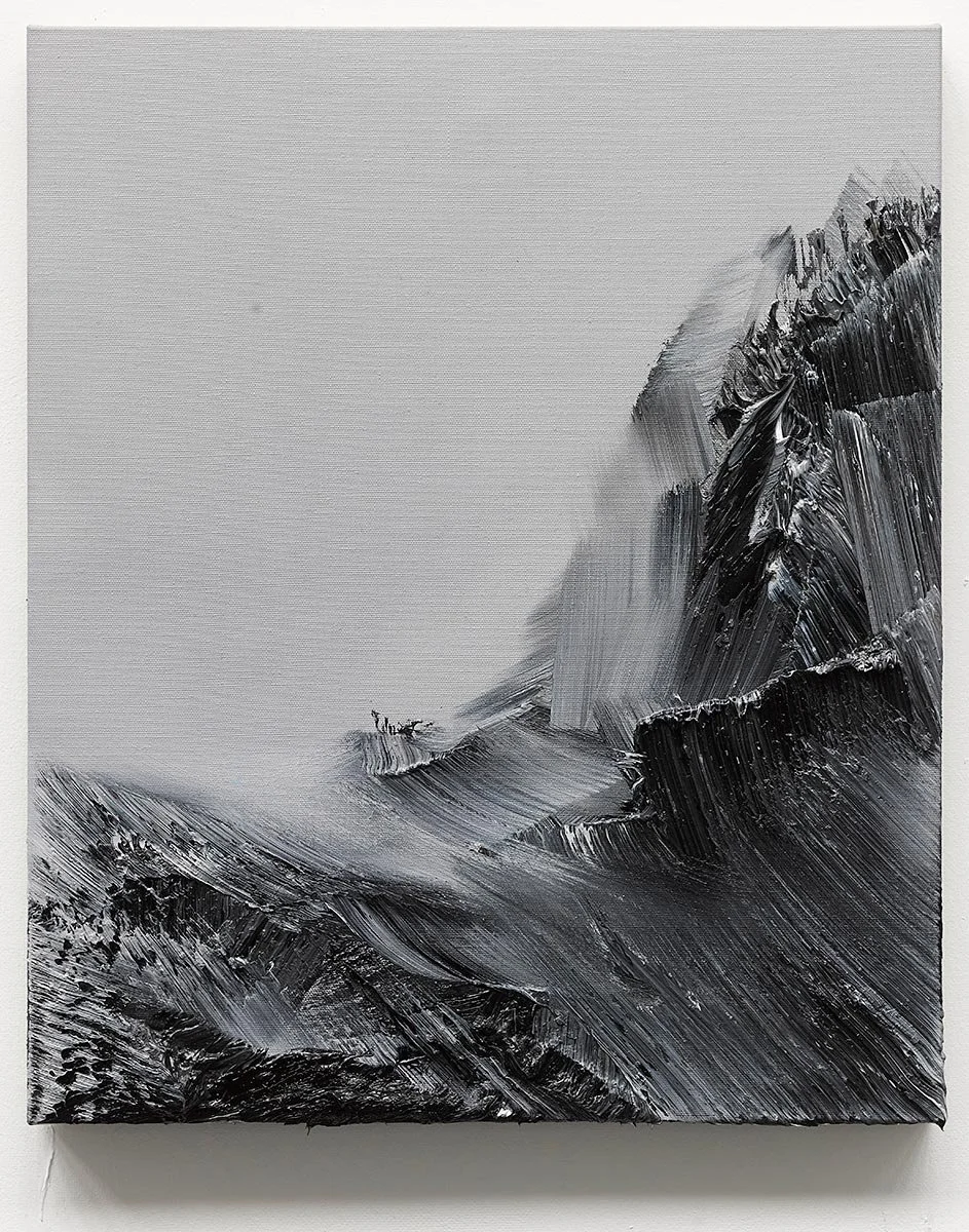 Black and white abstract landscape painting of mountain peaks and rugged terrain.