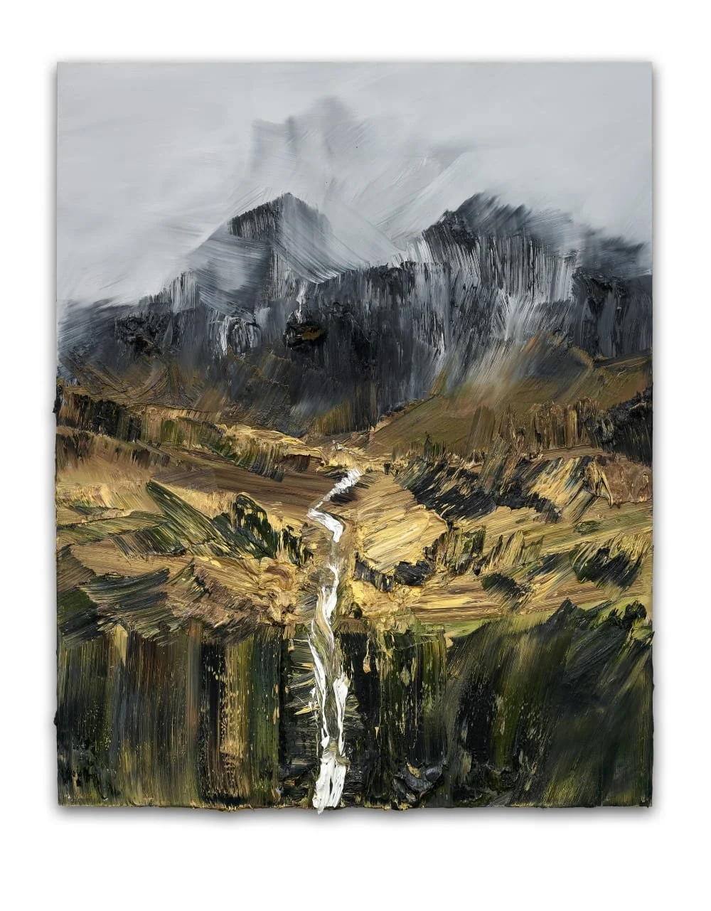 Abstract landscape painting of mountains, sky, a stream, and grassy hills, with bold brushstrokes and a mixture of muted colors.
