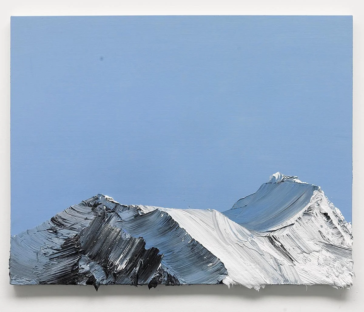 A painting of snow-covered mountain peaks under a clear blue sky, with textured brushstrokes highlighting the snow and rocky surfaces.