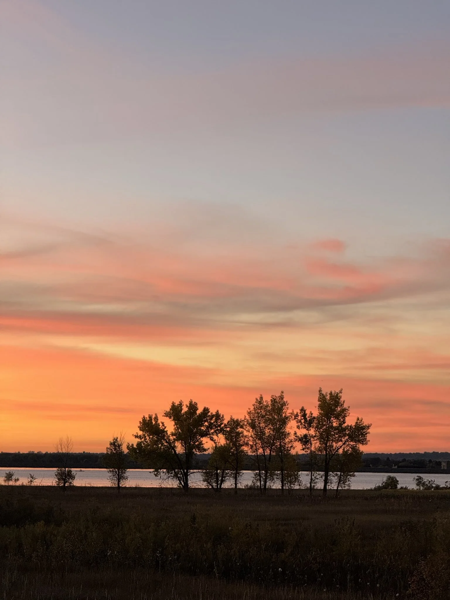 A sunset over a lake with trees in the foreground and colorful sky with pink, purple, and orange hues.