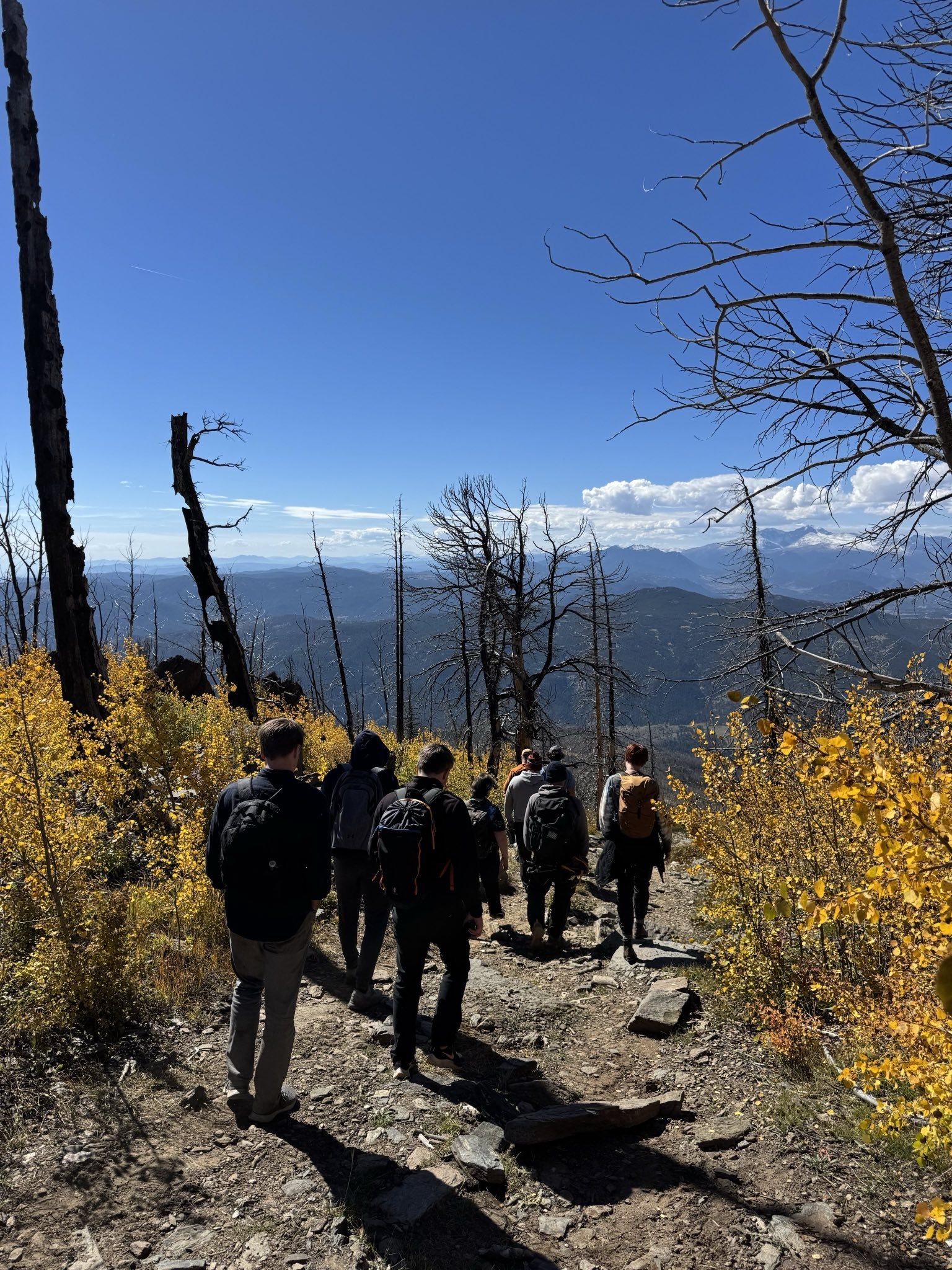 A group of hikers walking on a rocky trail surrounded by fall foliage, with mountains and a clear sky in the background.