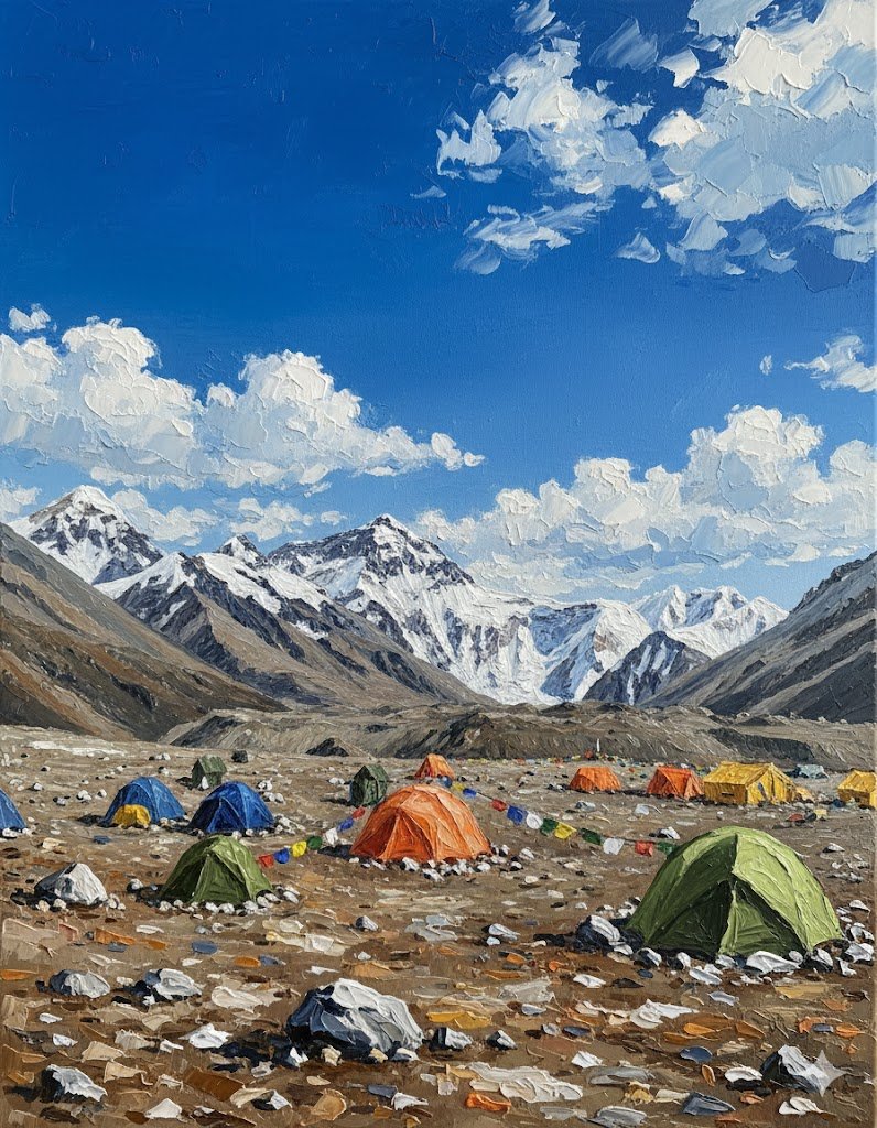 Painting of a mountainous landscape with snow-capped peaks, blue sky with clouds, and a campsite with colorful tents on rocky ground.