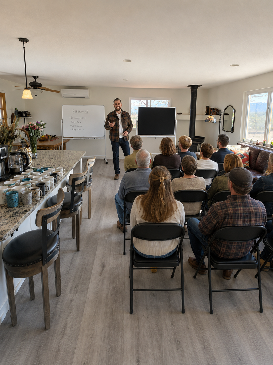 A man teaching a class to several people in a well lit living room