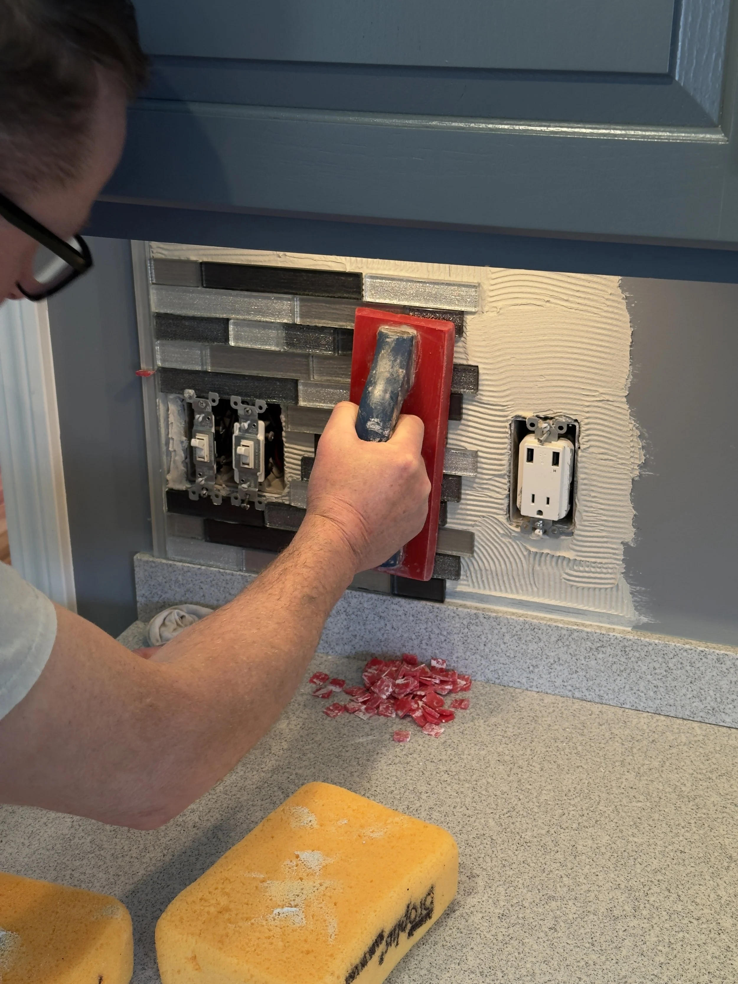 A progress photo of a Glen Holman Contracting backsplash install.