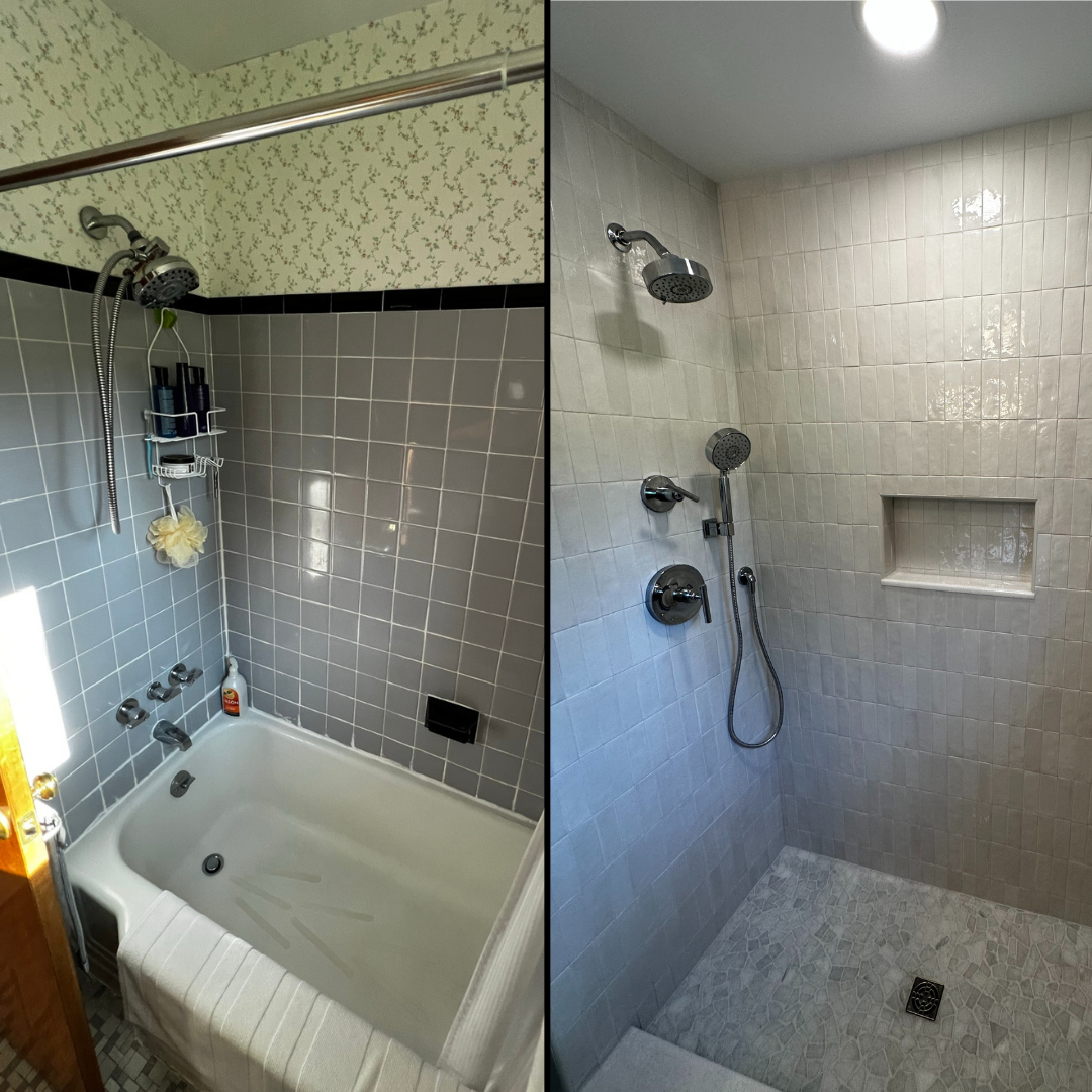 A before and after photo of a Glen Holman Contracting bathroom remodel.
