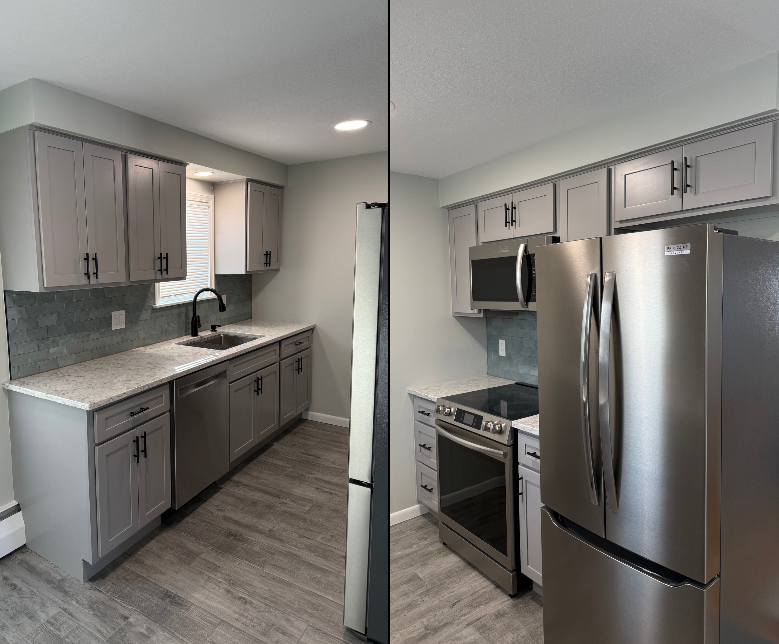 An after photo of a Glen Holman Contracting kitchen remodel with wood-look tile flooring, gray cabinets, and a tile backsplash.