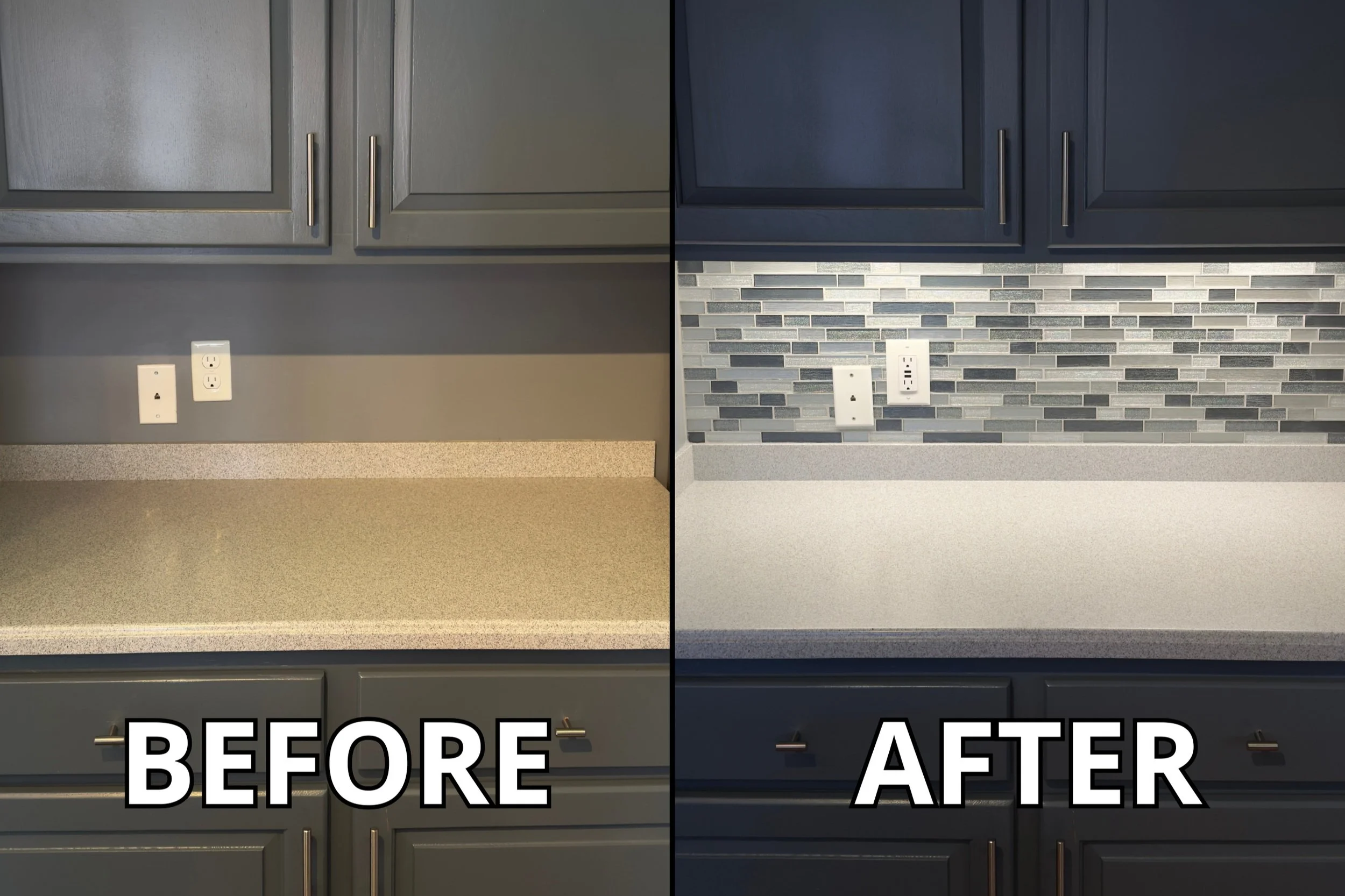 A before and after photo of a Glen Holman Contracting backsplash install.