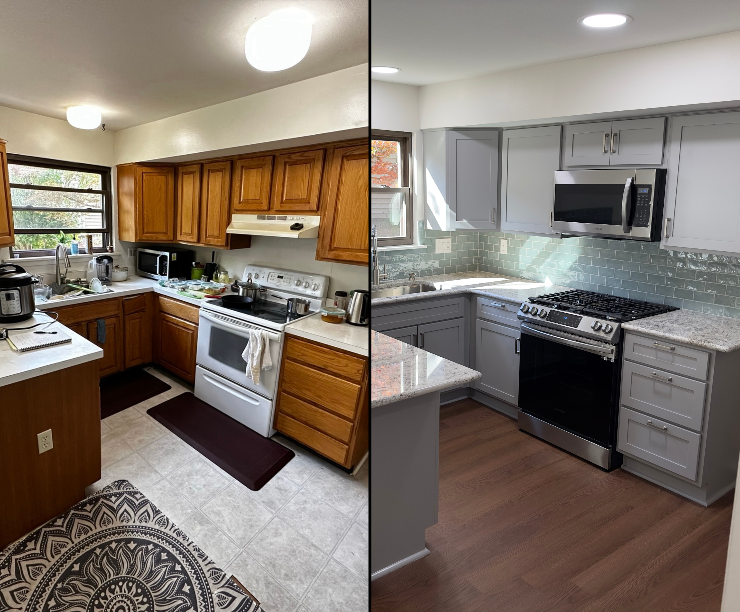 A before and after photo of a Glen Holman Contracting kitchen remodel.