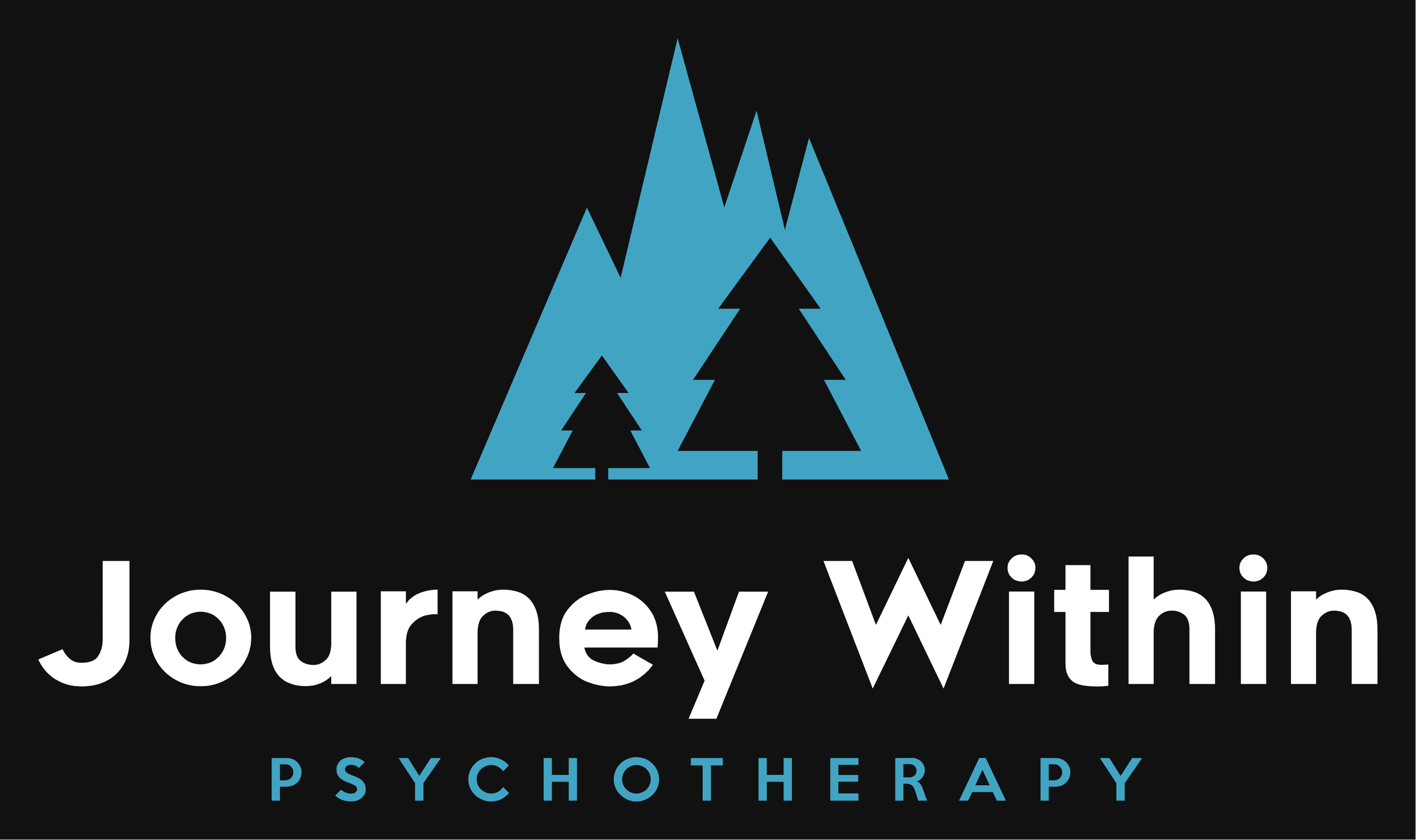 Logo for Journey Within Psychotherapy with a stylized mountain and trees icon in blue and black background.
