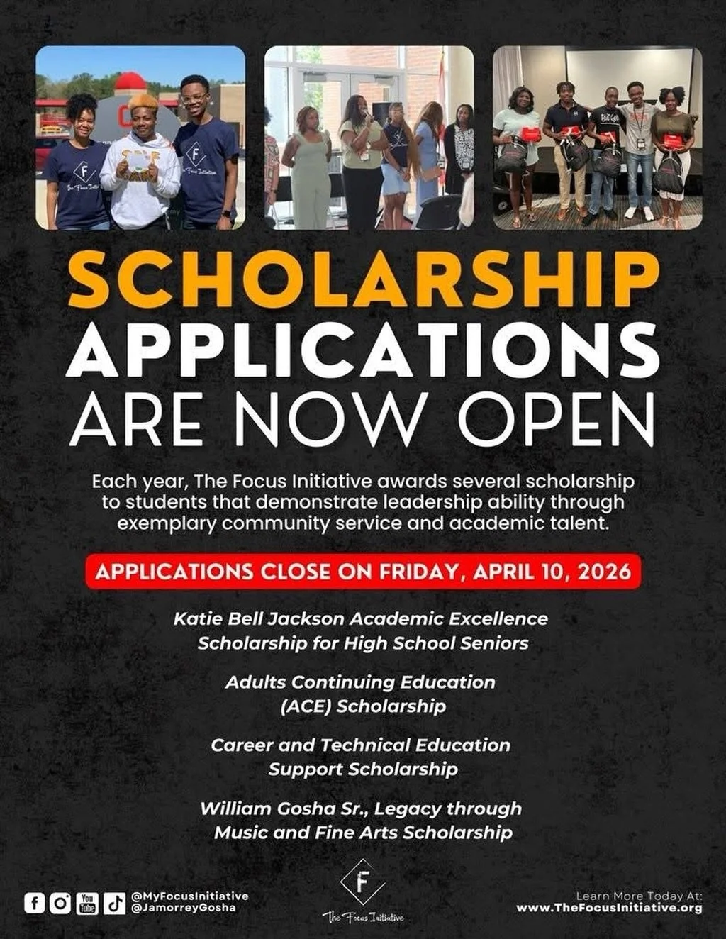 🎓 #SHARE: Scholarship Applications Are Now Open!

The Focus Initiative is proud to invest in the next generation of leaders, innovators, and difference-makers. Each year, we award scholarships to students and adult learners who demonstrate strong le