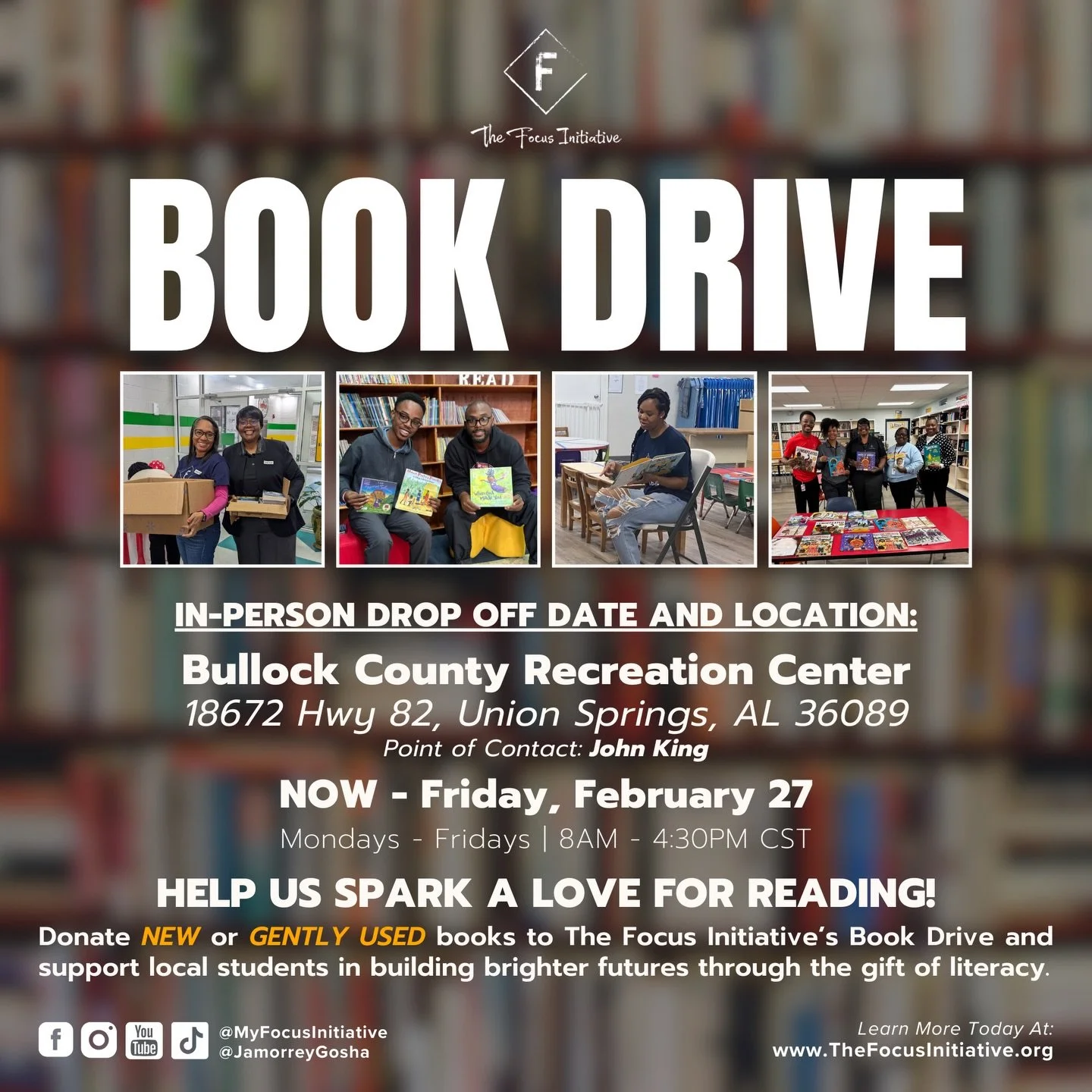 📚✨ Community Book Drive Update

If you have new or gently used books to donate, we would love your support! Please review the details on each flyer for accepted items and drop-off information.

FOCUS Barbour-Bullock County has multiple drop-off loca
