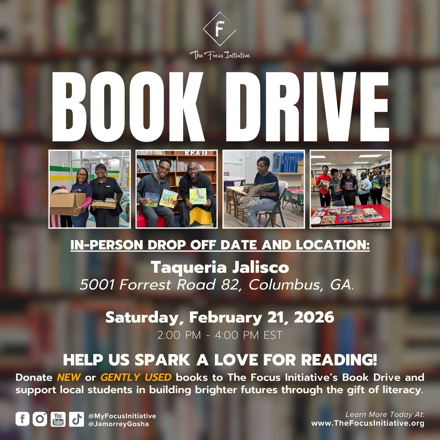 📚✨ IT&rsquo;S BOOK DRIVE DAY! 

Join us TODAY from 2:00 PM &ndash; 4:00 PM EST at Taqueria Jalisco (5001 Forrest Road 82, Columbus, GA) and help us spark a love for reading in our community!

Bring your new or gently used books and be a part of bles