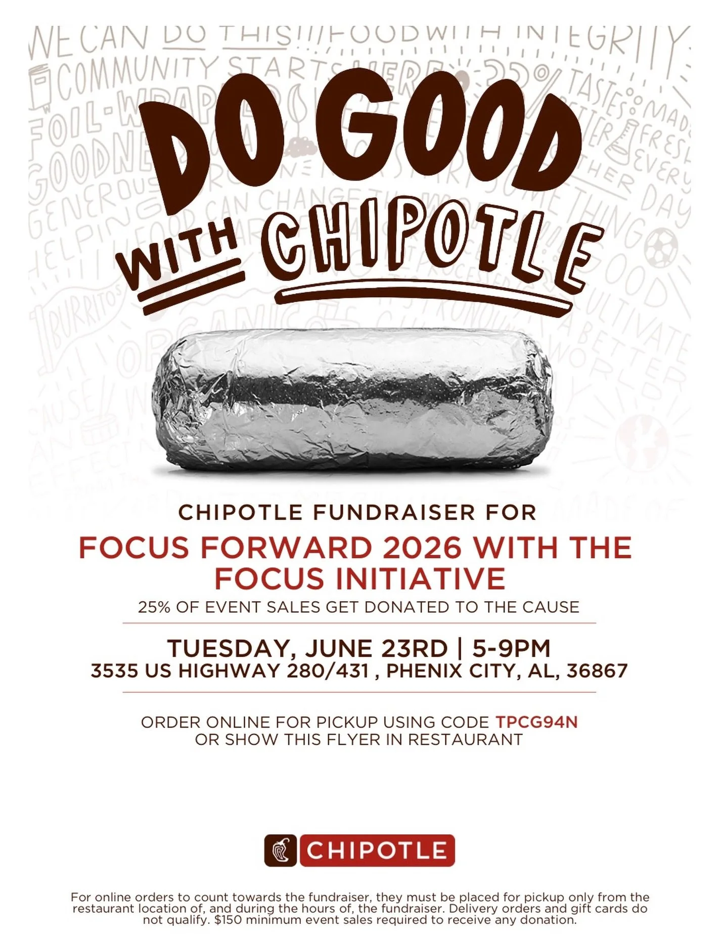 🚨🌯 #SHARE: DO GOOD WITH CHIPOTLE! Who&rsquo;s ready for tacos, burritos, bowls, AND making a difference all at the same time? 🙌🏽

Join us for a Focus Forward 2026 Spirit Night at Chipotle and help support a movement that is empowering communities