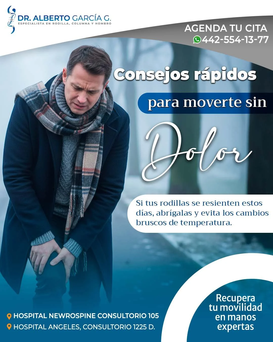 Cuando baja la temperatura, muchas personas sienten que sus rodillas &ldquo;avisan&rdquo; m&aacute;s de lo normal. ❄️🦵

Esto ocurre porque el fr&iacute;o puede generar rigidez, tensi&oacute;n muscular y sensibilidad en las articulaciones.

Un consej