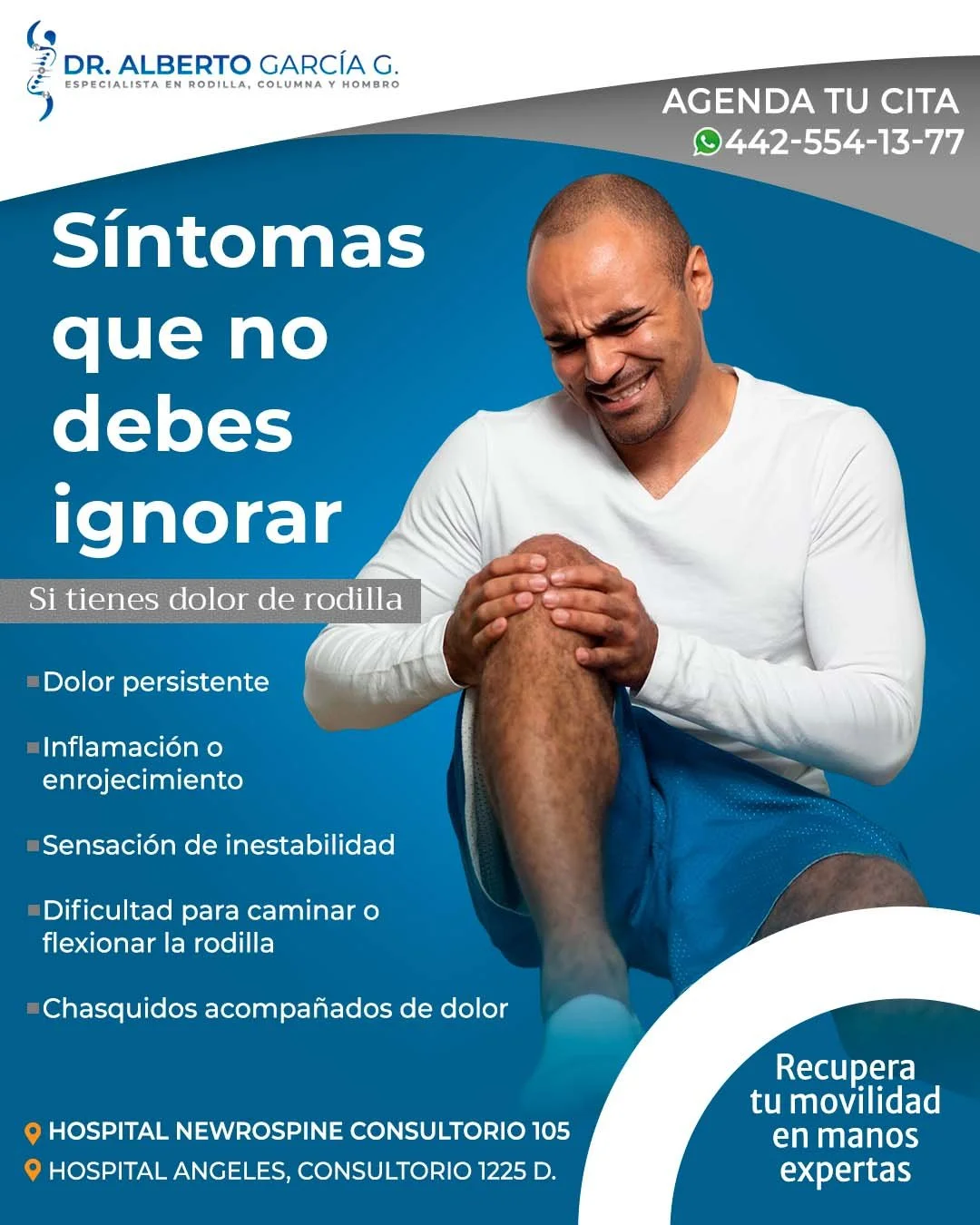 🦵💬 Muchos pacientes llegan pensando que el dolor de rodilla es &ldquo;normal&rdquo;&hellip; y no lo es.

Cuando el dolor es constante, aparece inflamaci&oacute;n, sientes inestabilidad o incluso escuchas chasquidos al moverte, tu rodilla est&aacute
