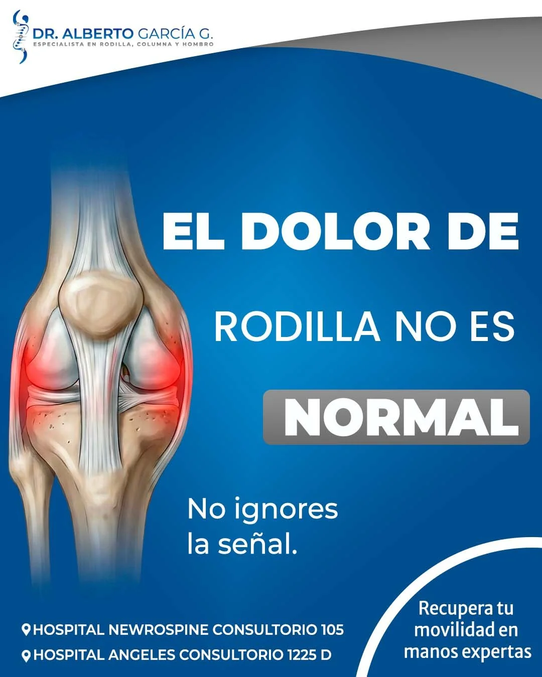 El dolor de rodilla no forma parte del envejecimiento ni del &ldquo;esfuerzo normal&rdquo; del d&iacute;a a d&iacute;a. Es una se&ntilde;al m&eacute;dica que indica que algo necesita atenci&oacute;n 🩺

Ignorarlo puede provocar desgaste progresivo, i