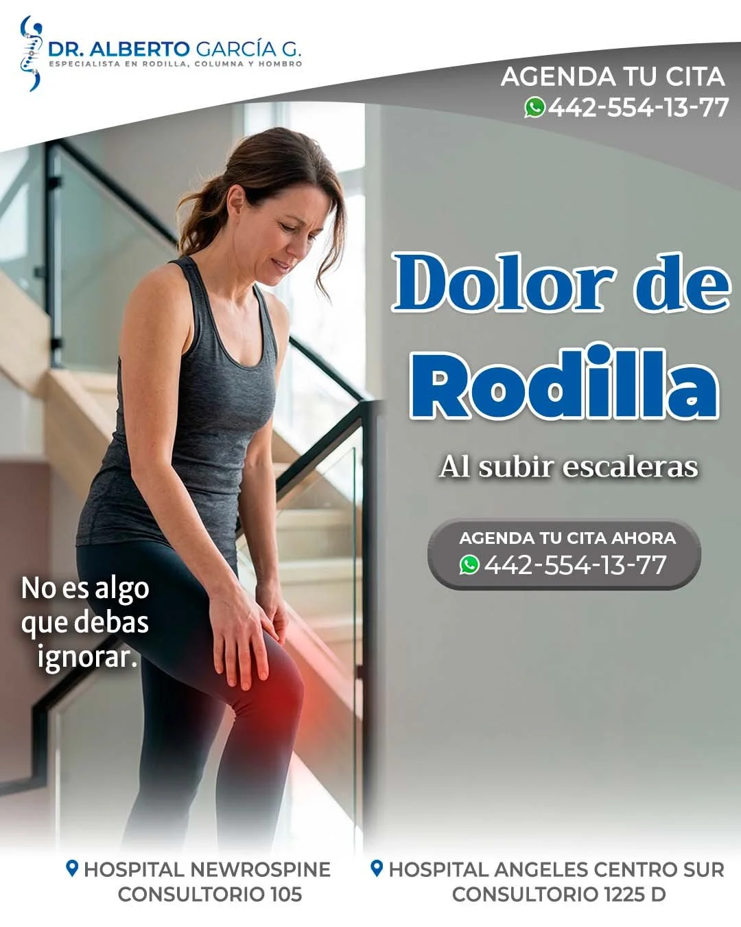 Si subir escaleras te provoca dolor en la rodilla, no lo ignores. ⚠️
Muchas veces este tipo de molestia es una se&ntilde;al de desgaste, inflamaci&oacute;n o alguna lesi&oacute;n que necesita ser evaluada a tiempo.

Atenderlo pronto puede ayudarte a 