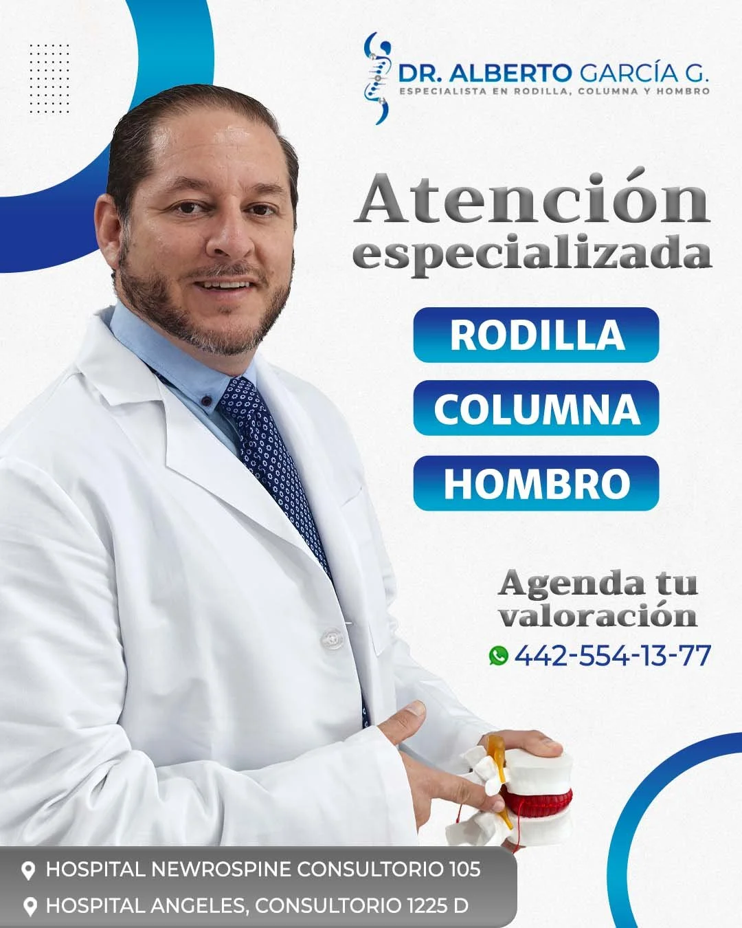 Tu salud no es algo que deba esperar. 🩺🦴✨

Si tienes dolor en rodilla, columna o hombro, una valoraci&oacute;n a tiempo puede marcar la diferencia entre seguir con molestias o recuperar tu calidad de vida. 

Atenci&oacute;n especializada, diagn&oac