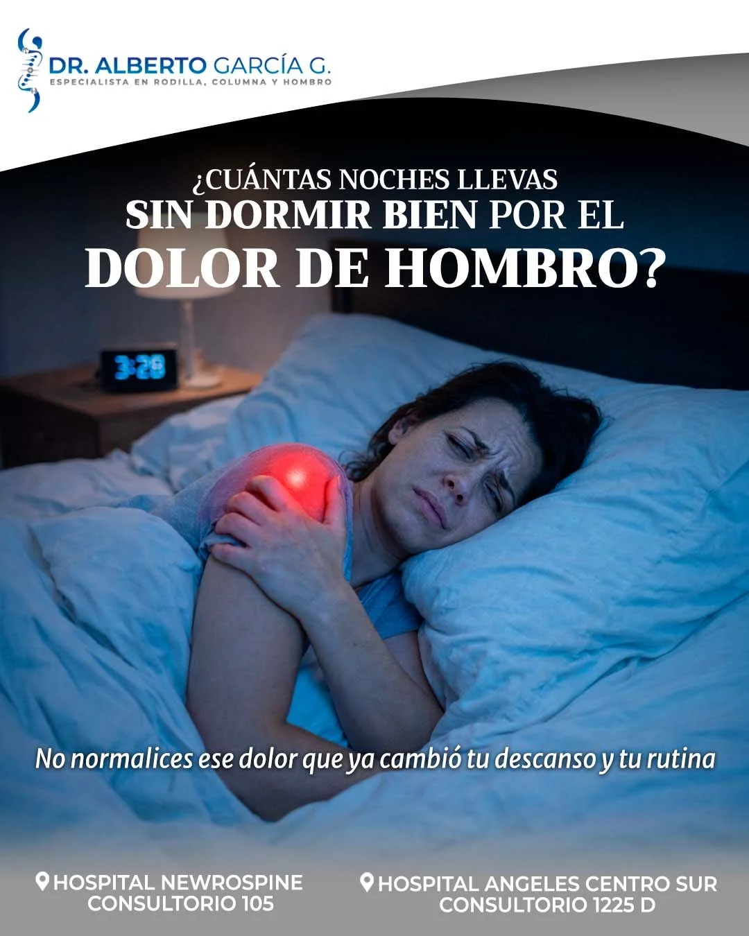 Hace unos meses lleg&oacute; a mi consultorio una paciente que llevaba semanas sin dormir bien. 😔🌙

Me dijo: "Doctor, ya no s&eacute; en qu&eacute; posici&oacute;n acostarme, el hombro me despierta a las 3 de la ma&ntilde;ana y ya no aguanto.&