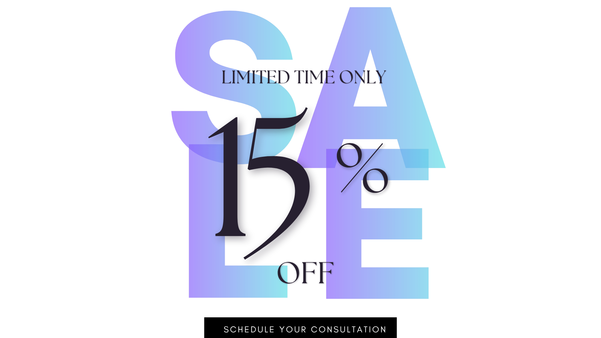 A promotional graphic with large 3D text displaying '15%' discount and the words 'Limited Time Only' above, with smaller text at the bottom reading 'Schedule Your Consultation'.