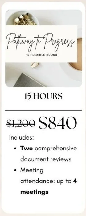 Promotional offer for a service called Paperway to Progress, offering 15 flexible hours for $840, including two comprehensive document reviews and up to four meetings.