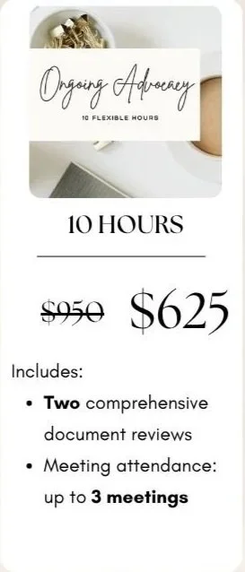 Advertisement for ongoing advocacy offering 10 flexible hours, priced at $625, includes two comprehensive document reviews and up to three meetings.